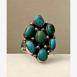 Vintage Large Navajo Sterling Silver Turquoise Cluster Ring Size 8